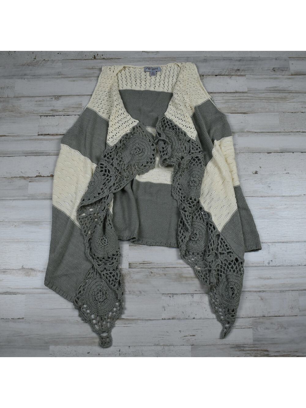 Vintage Cottagecore Knit Sweater Vest Women's Small Cream Green Open Cardigan S